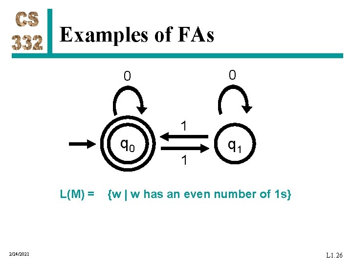 Examples of FAs 0 0 1 q 0 L(M) = 2/24/2021 1 q 1