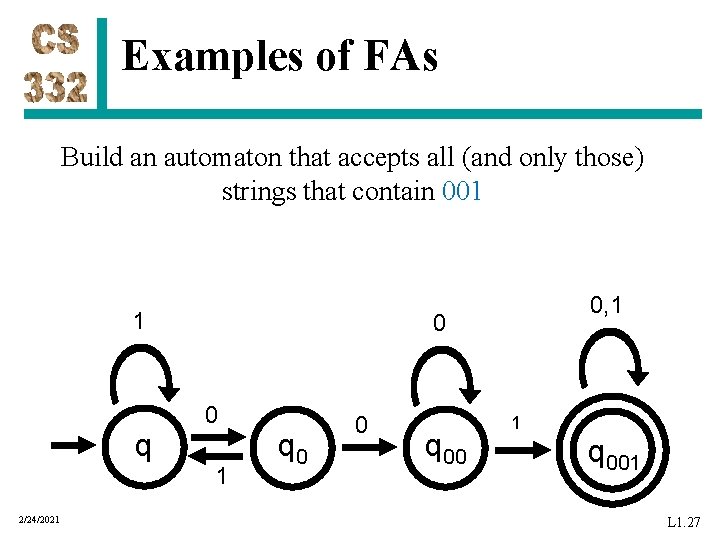 Examples of FAs Build an automaton that accepts all (and only those) strings that