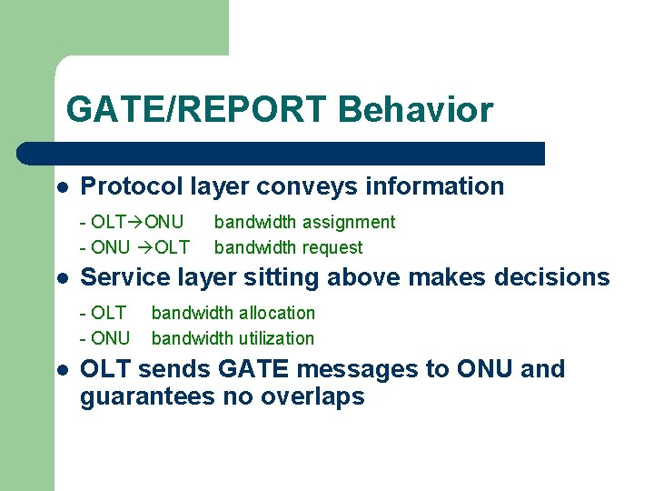 GATE/REPORT Behavior l Protocol layer conveys information - OLT ONU - ONU OLT l