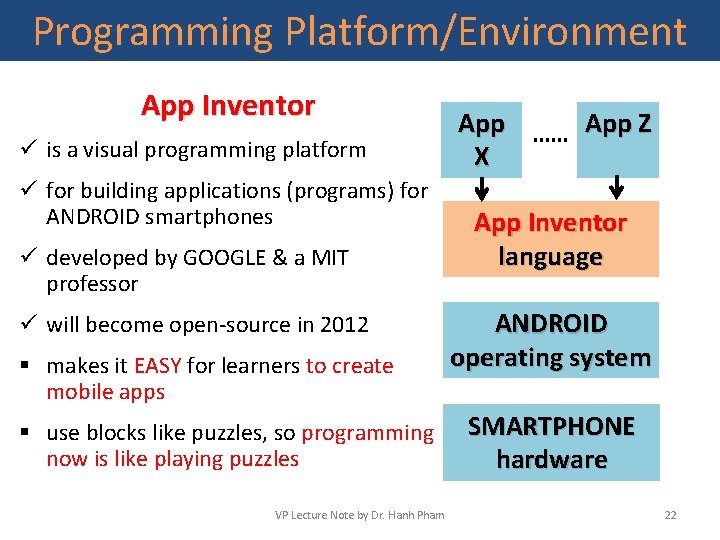 Programming Platform/Environment App Inventor ü is a visual programming platform ü for building applications