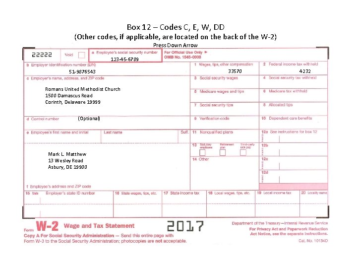 Box 12 – Codes C, E, W, DD (Other codes, if applicable, are located