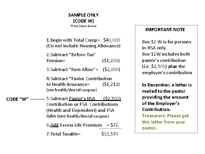 SAMPLE ONLY (CODE W) Press Down Arrow IMPORTANT NOTE 1. Begin with Total Comp=