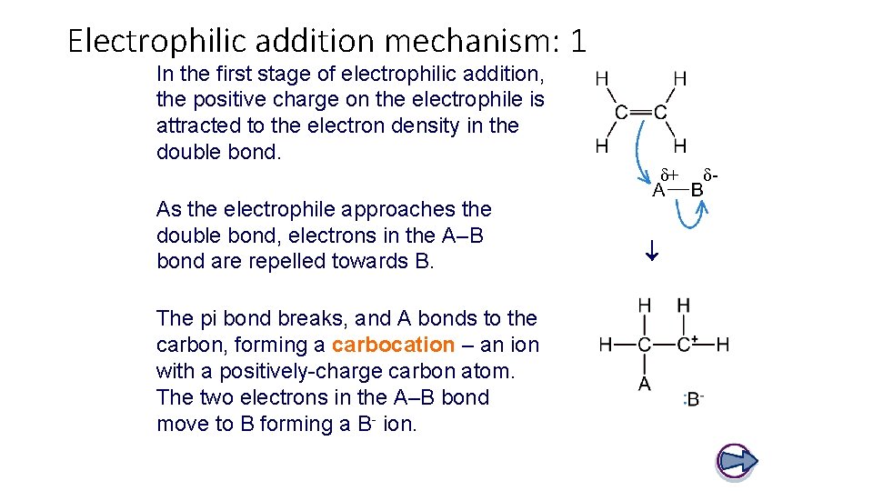 Electrophilic addition mechanism: 1 In the first stage of electrophilic addition, the positive charge