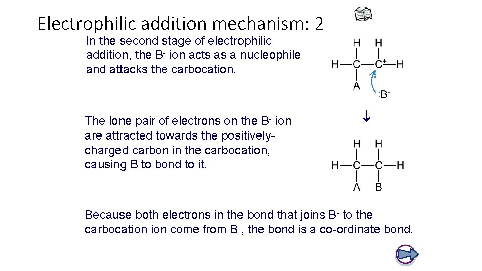 Electrophilic addition mechanism: 2 In the second stage of electrophilic addition, the B- ion