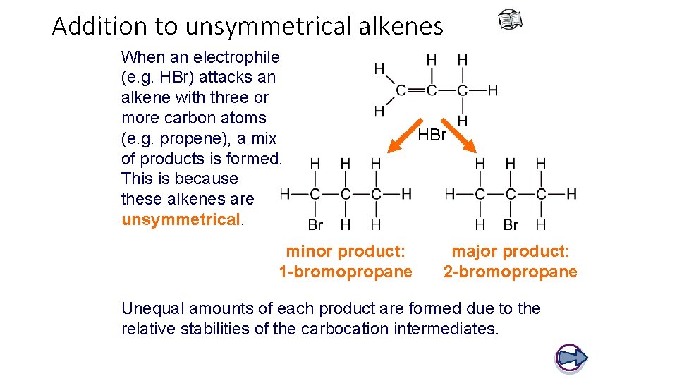 Addition to unsymmetrical alkenes When an electrophile (e. g. HBr) attacks an alkene with