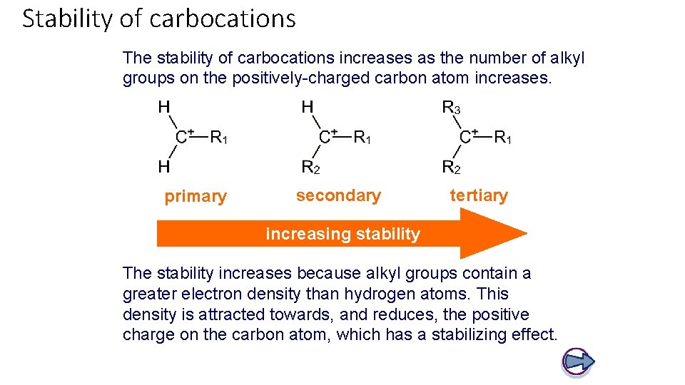 Stability of carbocations The stability of carbocations increases as the number of alkyl groups