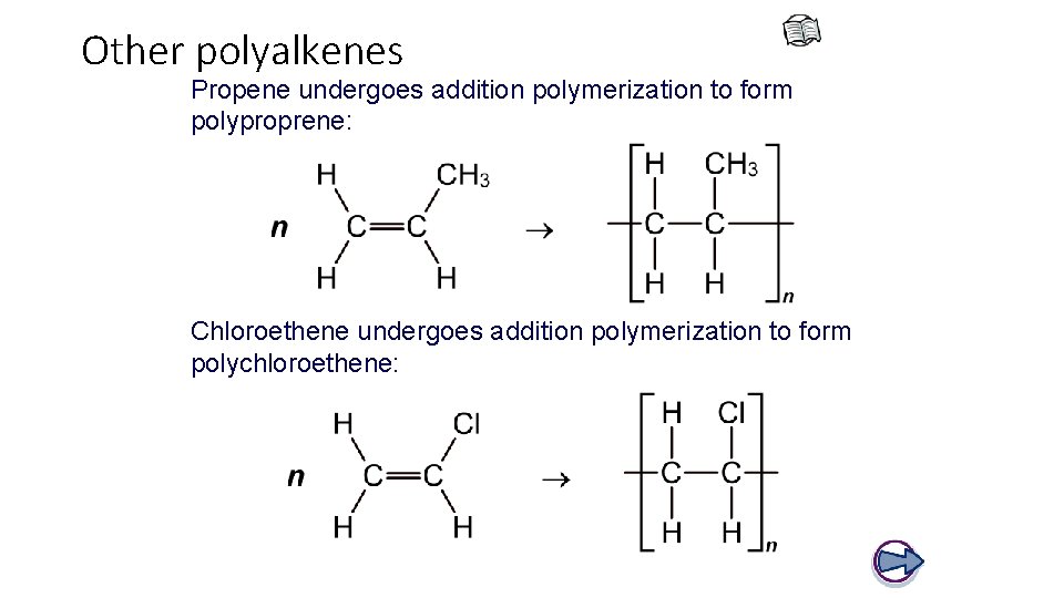 Other polyalkenes Propene undergoes addition polymerization to form polyproprene: Chloroethene undergoes addition polymerization to