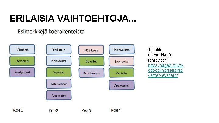 ERILAISIA VAIHTOEHTOJA. . . Joitakin esimerkkejä tehtävistä: https: //digabi. fi/kok eet/esimerkkitehta vat/terveystieto/ 