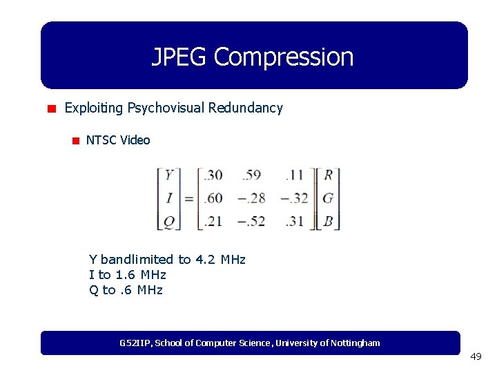 JPEG Compression Exploiting Psychovisual Redundancy NTSC Video Y bandlimited to 4. 2 MHz I