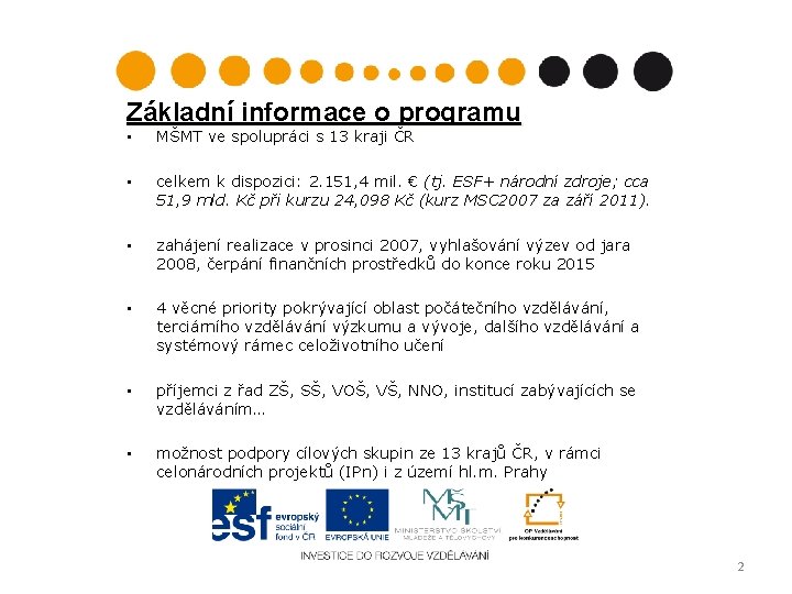 Základní informace o programu • MŠMT ve spolupráci s 13 kraji ČR • celkem