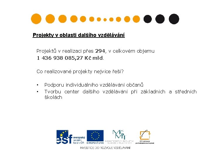 Projekty v oblasti dalšího vzdělávání Projektů v realizaci přes 294, v celkovém objemu 1