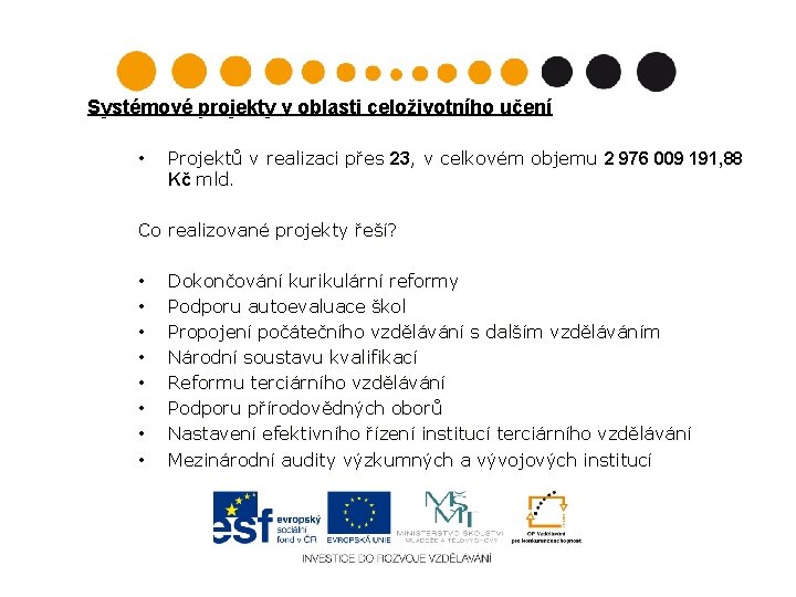 Systémové projekty v oblasti celoživotního učení • Projektů v realizaci přes 23, v celkovém