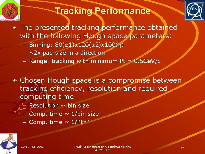 Tracking Performance The presented tracking performance obtained with the following Hough space parameters: –