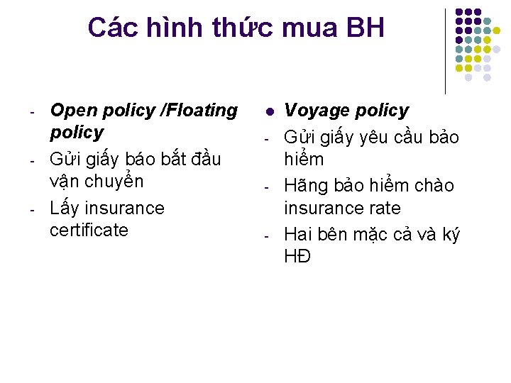 Các hình thức mua BH Open policy /Floating policy Gửi giấy báo bắt đầu