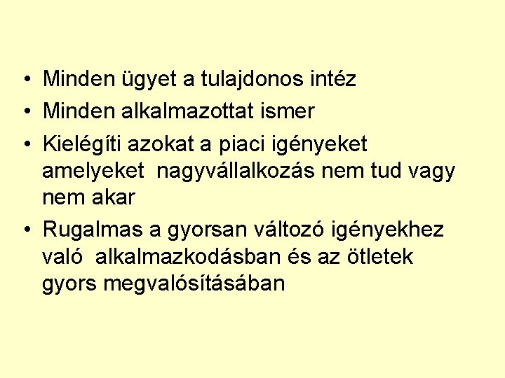  • Minden ügyet a tulajdonos intéz • Minden alkalmazottat ismer • Kielégíti azokat