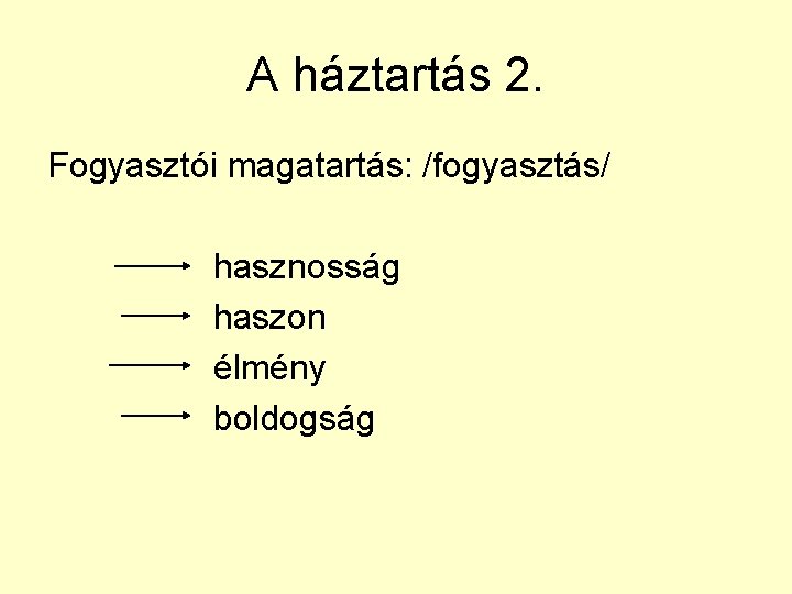 A háztartás 2. Fogyasztói magatartás: /fogyasztás/ hasznosság haszon élmény boldogság 