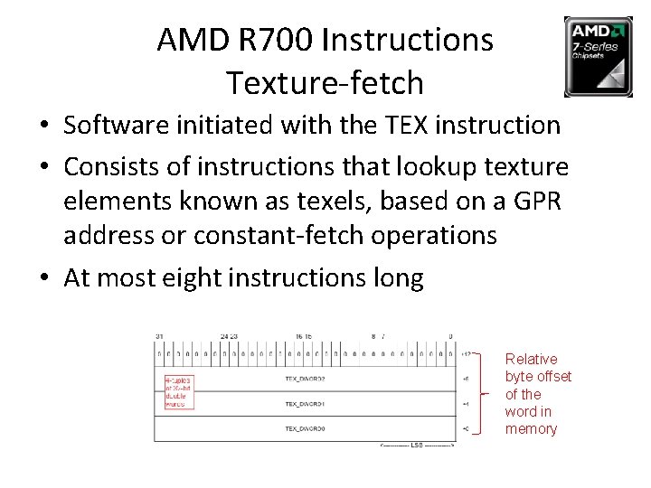 AMD R 700 Instructions Texture-fetch • Software initiated with the TEX instruction • Consists