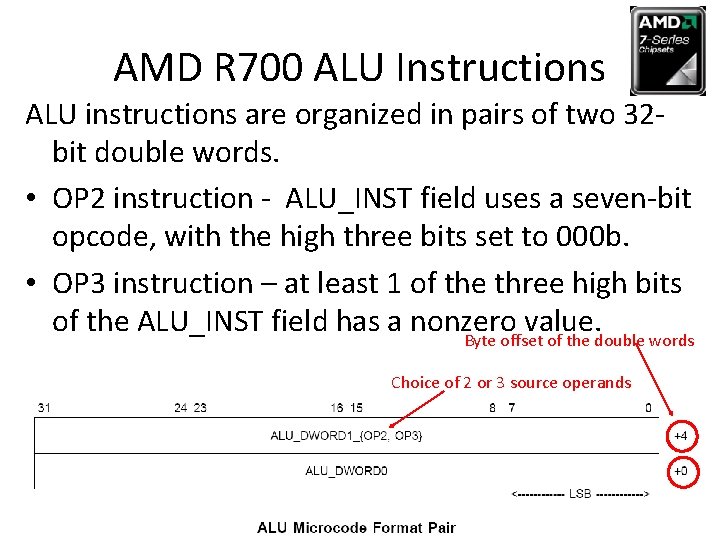 AMD R 700 ALU Instructions ALU instructions are organized in pairs of two 32