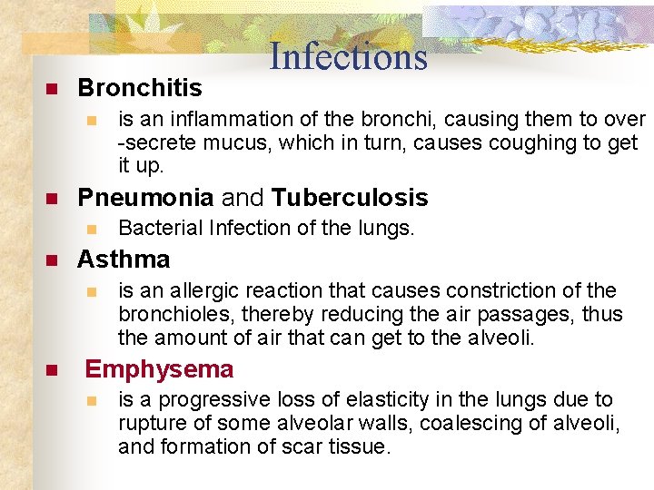 n Bronchitis n n Bacterial Infection of the lungs. Asthma n n is an