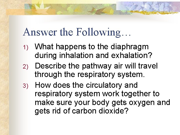 Answer the Following… 1) 2) 3) What happens to the diaphragm during inhalation and