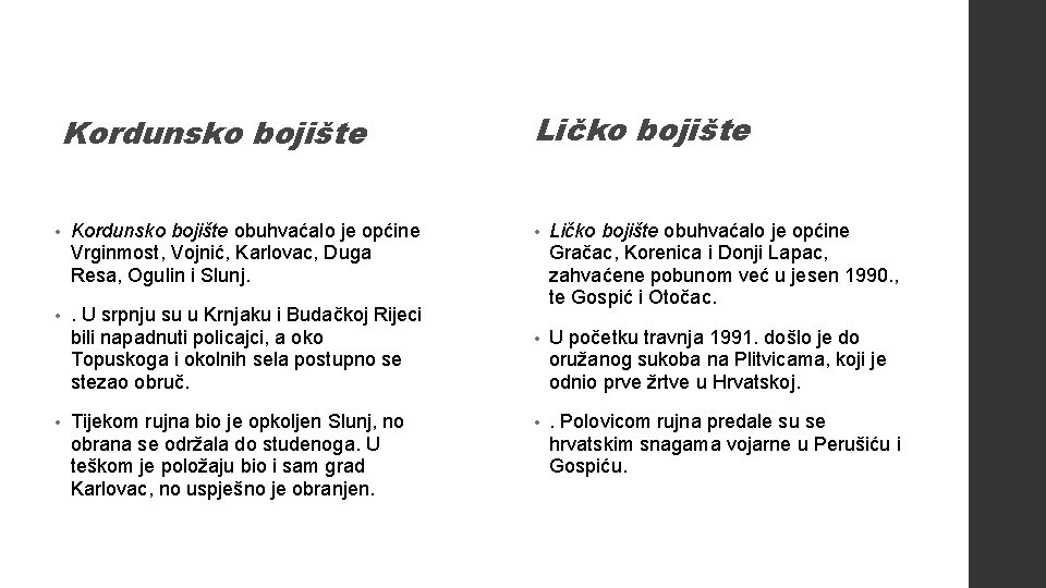 Kordunsko bojište • Kordunsko bojište obuhvaćalo je općine Vrginmost, Vojnić, Karlovac, Duga Resa, Ogulin