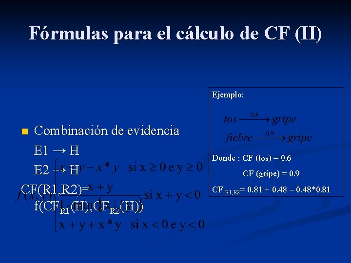 Fórmulas para el cálculo de CF (II) Ejemplo: Combinación de evidencia E 1 →