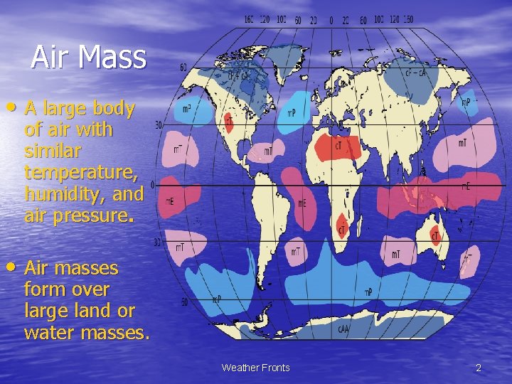 Air Mass • A large body of air with similar temperature, humidity, and air