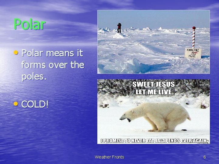 Polar • Polar means it forms over the poles. • COLD! Weather Fronts 6