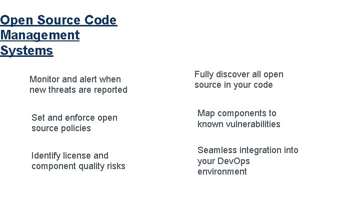 Open Source Code Management Systems Monitor and alert when new threats are reported Fully