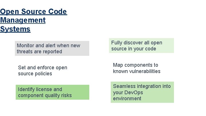 Open Source Code Management Systems Monitor and alert when new threats are reported Fully