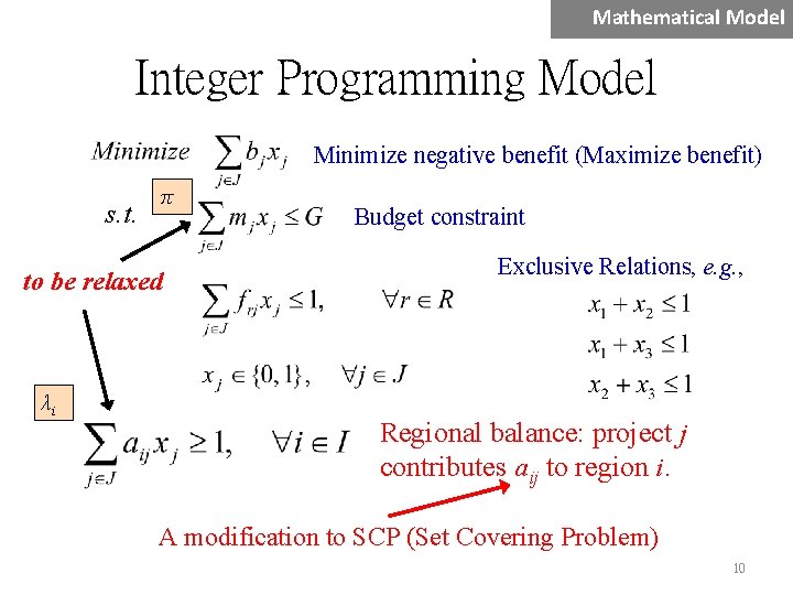 Mathematical Model Integer Programming Model Minimize negative benefit (Maximize benefit) s. t. π to