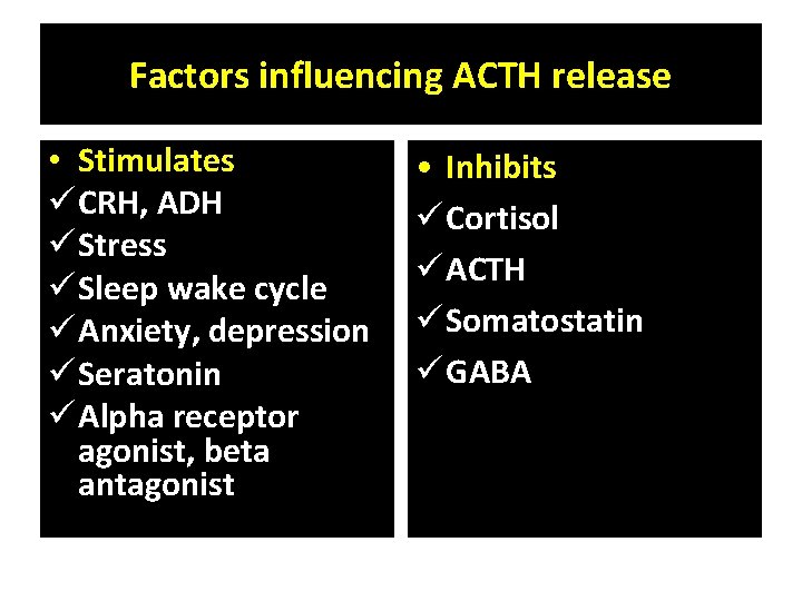 Factors influencing ACTH release • Stimulates ü CRH, ADH ü Stress ü Sleep wake