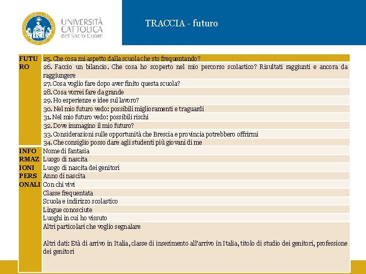 TRACCIA - futuro FUTU 25. Che cosa mi aspetto dalla scuola che sto frequentando?