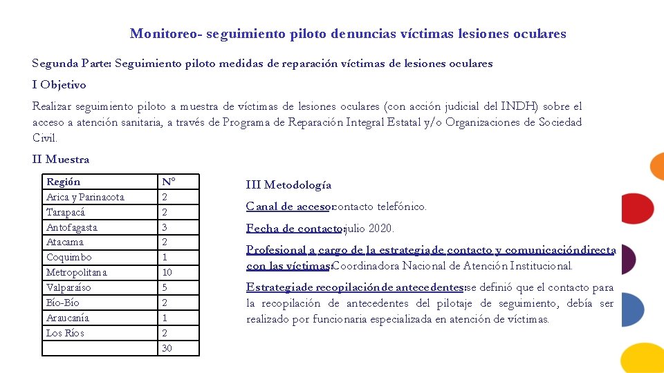 Monitoreo- seguimiento piloto denuncias víctimas lesiones oculares Segunda Parte: Seguimiento piloto medidas de reparación