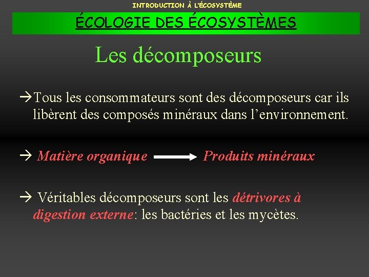 INTRODUCTION À L’ÉCOSYSTÈME ÉCOLOGIE DES ÉCOSYSTÈMES Les décomposeurs Tous les consommateurs sont des décomposeurs