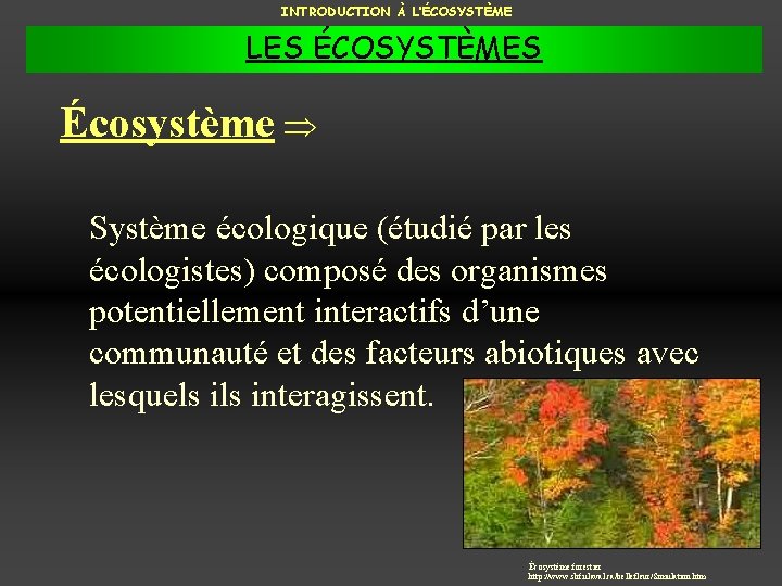 INTRODUCTION À L’ÉCOSYSTÈME LES ÉCOSYSTÈMES Écosystème Système écologique (étudié par les écologistes) composé des