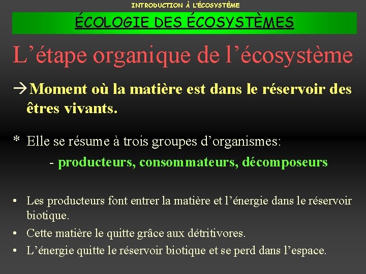 INTRODUCTION À L’ÉCOSYSTÈME ÉCOLOGIE DES ÉCOSYSTÈMES L’étape organique de l’écosystème Moment où la matière