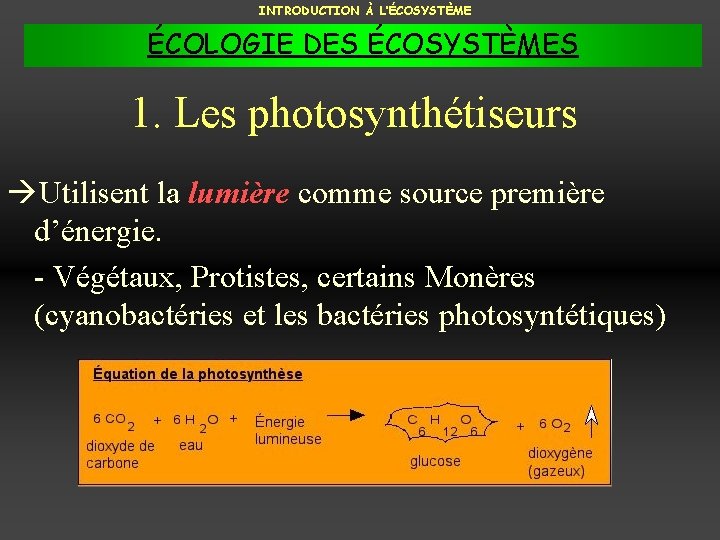 INTRODUCTION À L’ÉCOSYSTÈME ÉCOLOGIE DES ÉCOSYSTÈMES 1. Les photosynthétiseurs Utilisent la lumière comme source