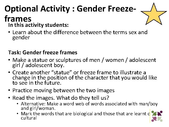 Optional Activity : Gender Freezeframes In this activity students: • Learn about the difference