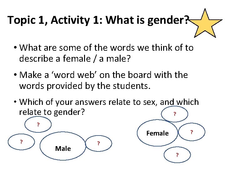 Topic 1, Activity 1: What is gender? • What are some of the words