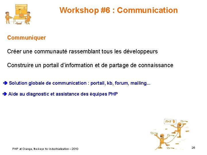 Workshop #6 : Communication Communiquer Créer une communauté rassemblant tous les développeurs Construire un