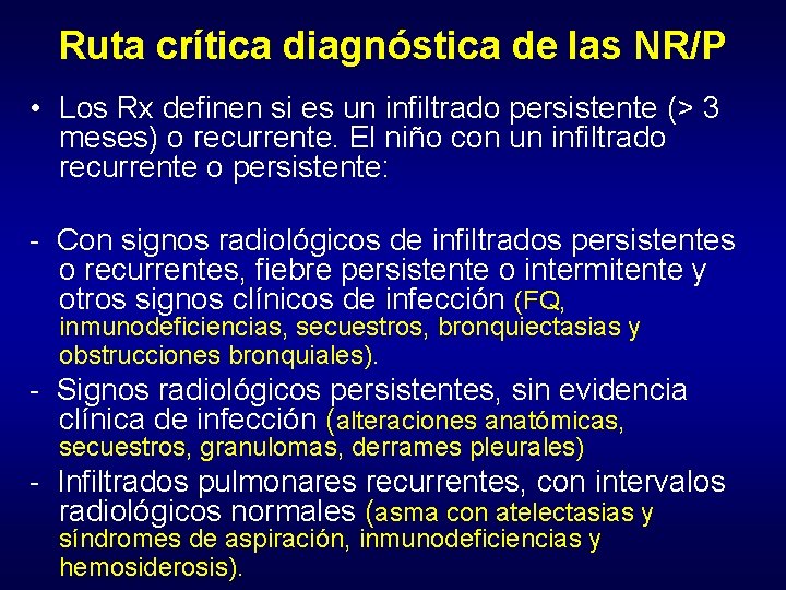 Ruta crítica diagnóstica de las NR/P • Los Rx definen si es un infiltrado