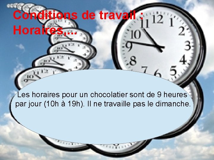 Conditions de travail : Horaires, . . . Les horaires pour un chocolatier sont