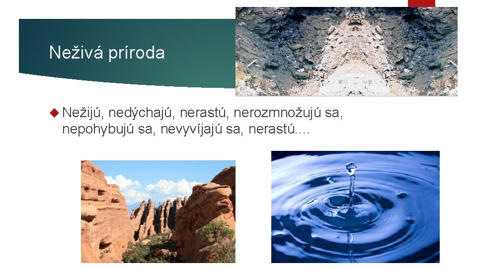 Neživá príroda Nežijú, nedýchajú, nerastú, nerozmnožujú sa, nepohybujú sa, nevyvíjajú sa, nerastú. . 