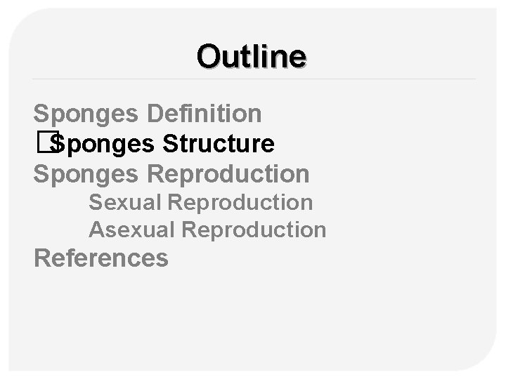 Outline Sponges Definition �Sponges Structure Sponges Reproduction Sexual Reproduction Asexual Reproduction References 