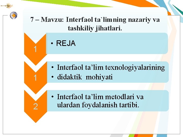 7 – Mavzu: Interfaol ta`limning nazariy va tashkiliy jihatlari. 1 • REJA 1 •