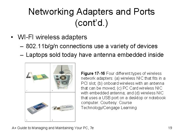 Networking Adapters and Ports (cont’d. ) • WI-FI wireless adapters – 802. 11 b/g/n
