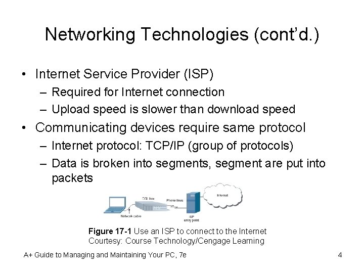 Networking Technologies (cont’d. ) • Internet Service Provider (ISP) – Required for Internet connection