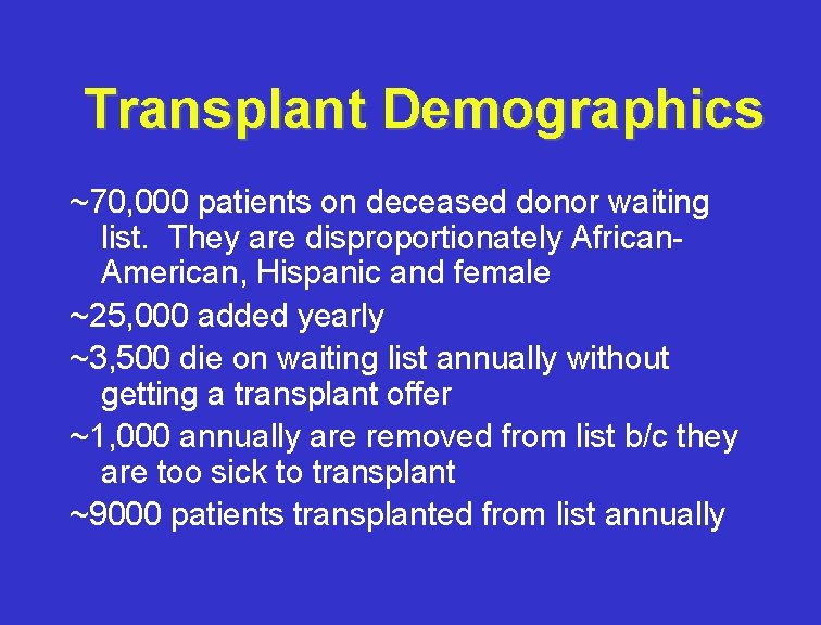 Transplant Demographics ~70, 000 patients on deceased donor waiting list. They are disproportionately African.