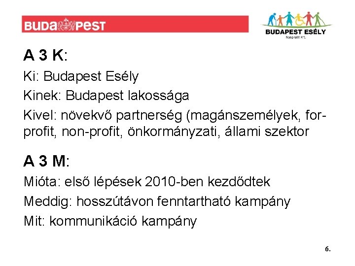 A 3 K: Ki: Budapest Esély Kinek: Budapest lakossága Kivel: növekvő partnerség (magánszemélyek, forprofit,